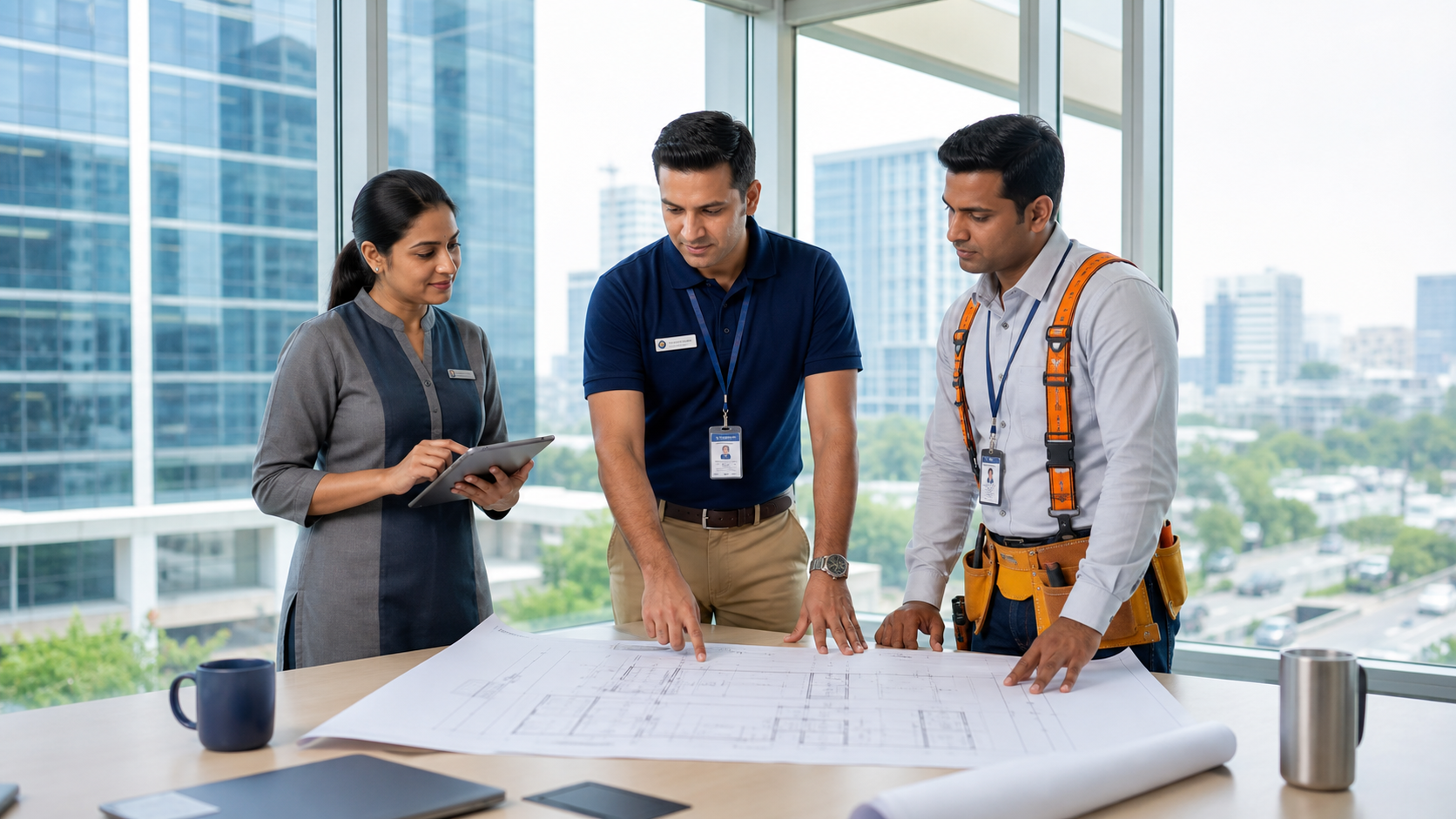 Atum corporate facilities management staffing team reviewing building plans